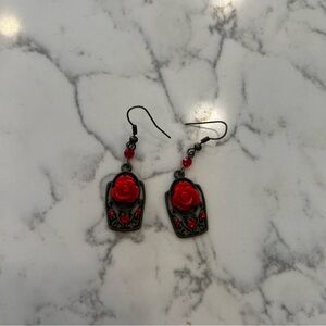 Red Rose Rhinestone & Beas Dangle Earrings